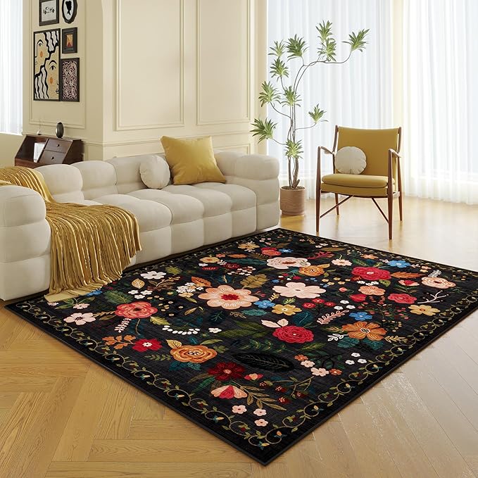 Living Room Rug 5x7 Rug Machine Washable Boho Area Rug Non Slip Floral Vintage Low Pile Large Rugs for Living Room, Bedroom, Farmhouse, Dining Room, Kids Playroom(Black)-Ruum Studio Home