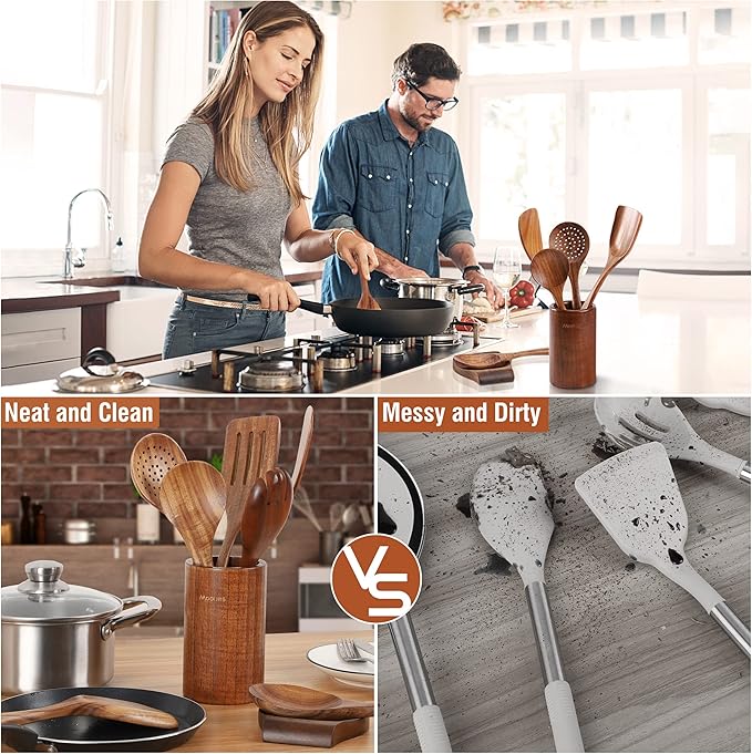 9 Piece Natural Teak Wooden Kitchen Utensil Set with Spoon Rest - Comfort Grip Cooking Spoons and Utensils Holder-Ruum Studio Home