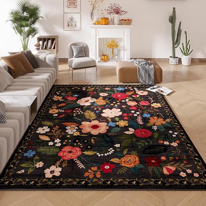 Living Room Rug 5x7 Rug Machine Washable Boho Area Rug Non Slip Floral Vintage Low Pile Large Rugs for Living Room, Bedroom, Farmhouse, Dining Room, Kids Playroom(Black)-Ruum Studio Home