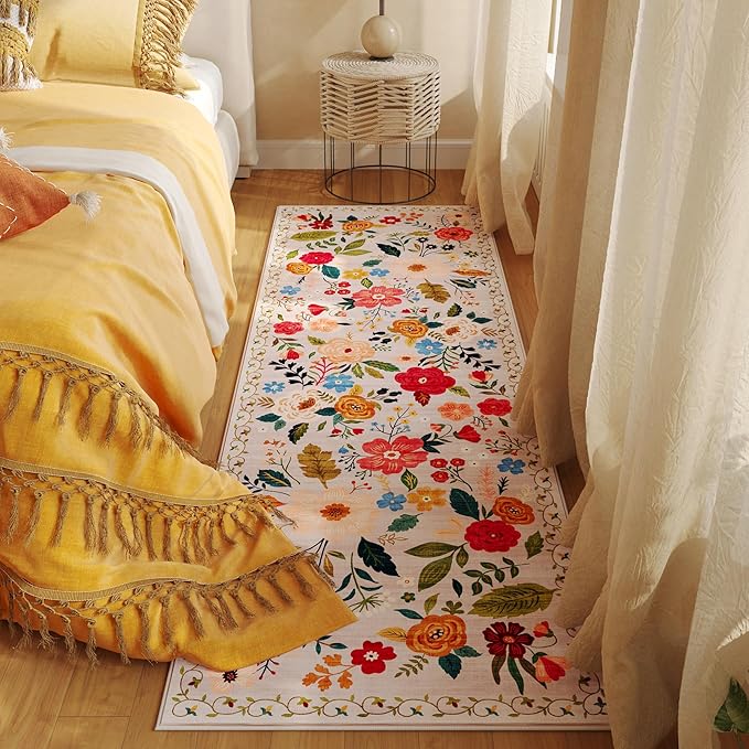 Runner Rug for Hallways Kitchen Rug Non Slip 2'6''x8' Washable Rugs with Rubber Backing Soft Floral Carpet Runner for Hallways, Kitchen, Laundry, Bedroom, Bathroom(Beige)-Ruum Studio Home