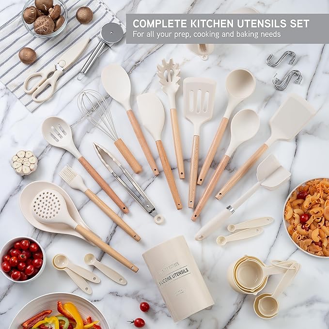 Country Kitchen Non Stick Silicone Utensil Set with Rounded Wood Handles for Cooking and Baking, 38 Piece Set, Khaki-Ruum Studio Home