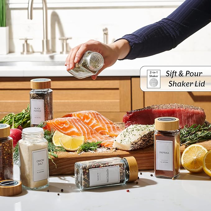 Set of 24 Glass Spice Jars with Various Labels, Bamboo Shaker Lids & Funnel, Kitchen Storage Jars with Airtight Lid, Spices & Seasonings Sets Organizer, Spice Containers, Glass Jar Food Canister-Ruum Studio Home