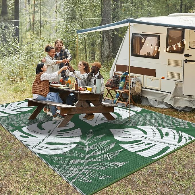 GAOMON Waterproof Plastic Straw Rug 9x12 Outdoor Patio Rug, Reversible Modern Camping Mat with Bag & Stakes, UV Resistant & Easy to Clean Outdoor Carpet for RV, Deck, Balcony, Green-Ruum Studio Home