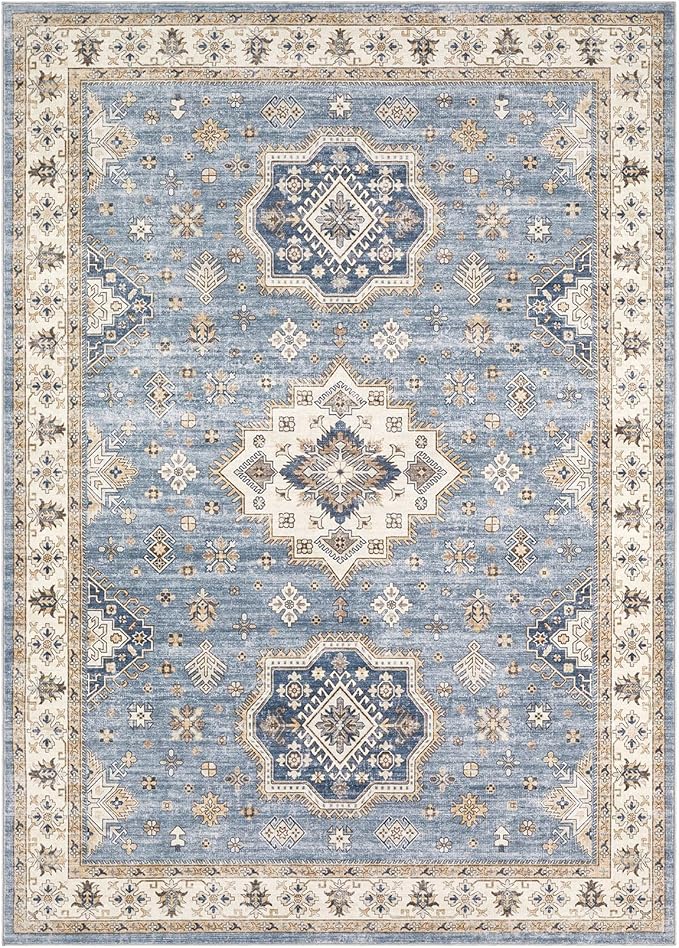Washable Area Rugs for Living Room -8x10 Neutral Vintage Distressed Floral Farmhouse Boho Large Soft Floor Rug Indoor Non Slip Carpet for Living Room Bedroom Dining Room Office - Blue-Ruum Studio Home