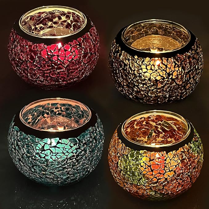 SHMILMH Mosaic Glass Candle Holder Set of 4, Votive Candle Holders Handmade Cracked Tealight Holders for Fall Christmas Diwali Home Decorations, Diwali Gift-Ruum Studio Home