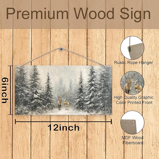 Winter Pine Tree Deer Wooden Sign, 12x6 inches, Rustic Wall Decor for Home, Office or Gifting-Ruum Studio Home