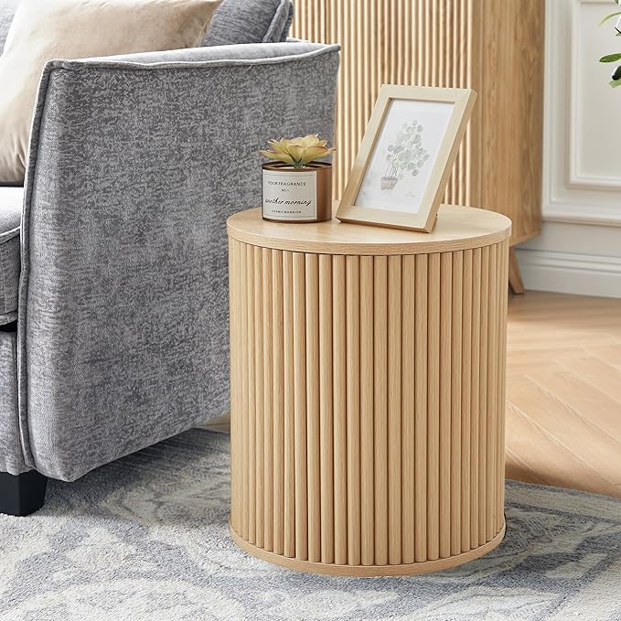AVZEAR Small Round Side Table Fluted Night Stand Set of 2, Modern Boho End Table with Storage, Circle Bedside Tables Wood Nightstands for Small Spaces, Living Room, Bedroom (Nature)-Ruum Studio Home