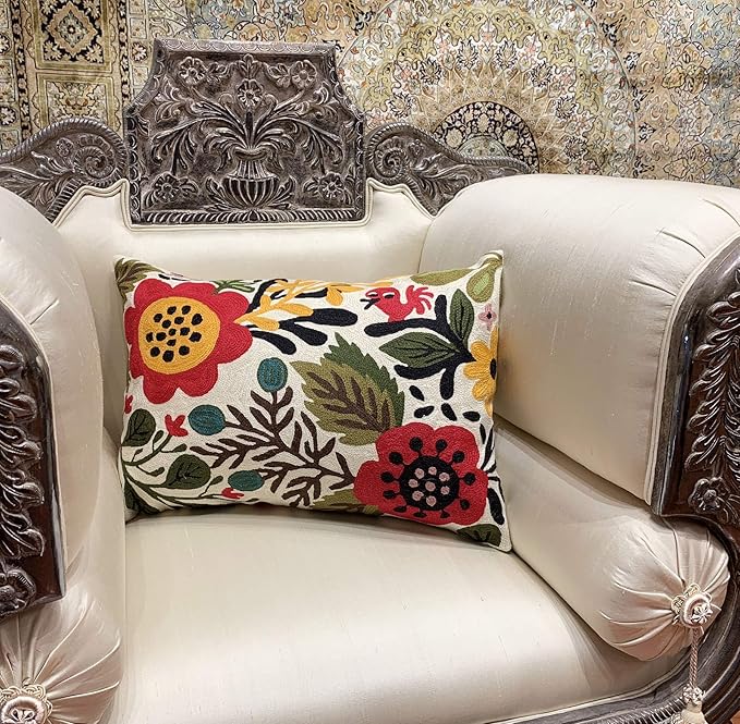 Lumbar Cream Suzani Cushions - Boho Floral Throw Pillows | Outdoor Pillows & Chair Cushions - Hand Embroidered Wool Size - 14x20-Ruum Studio Home