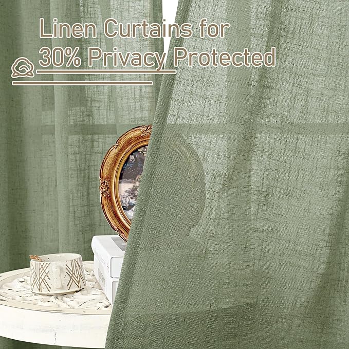 LAMIT Sheer Linen Curtains 63 inches Long for Bedroom, Bronze Grommet Linen Drapes Light Filtering Semi Sheer Curtains for Small Window/Farmhouse, 2 Panels (52 x 63 Inch, Sage Green)-Ruum Studio Home