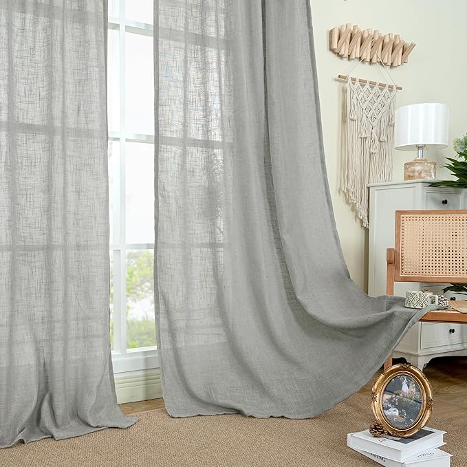 LAMIT Grey Linen Curtains 95 inch for Living Room, Semi Sheer Light Filtering Boho Window Textured Burlap Drapes with Bronze Grommet for Bedroom Farmhouse, 2 Panels Set, 52 x 95 Inch-Ruum Studio Home
