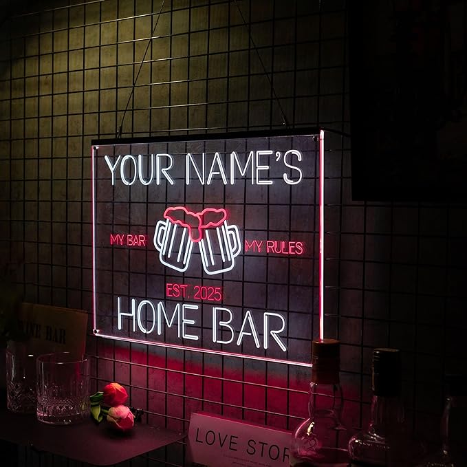 Personalized My bar my rule Signs with Your Name for home wall light up with personalized pub name, man cave accessories, beer themed neon customizable lighted sign