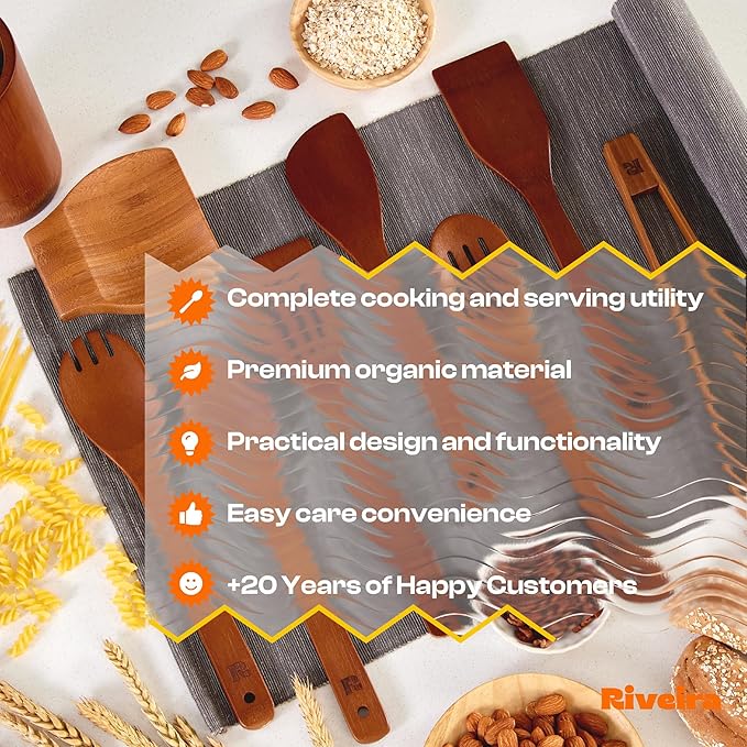 Riveira Premium Brown Bamboo Wooden Spoons for Cooking Set of 9 – Premium Brown Bamboo Wooden Cooking Utensils, Wooden Spatula, Wooden Spoon - Premium Quality Wooden Utensil Set for Non-Toxic Cooking-Ruum Studio Home