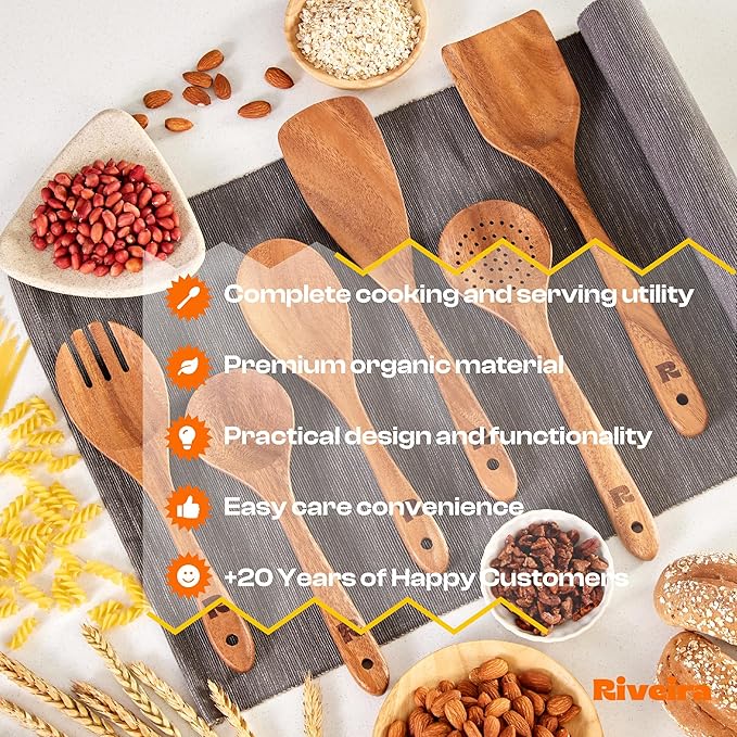 Riveira Walnut Wooden Spoons for Cooking Set of 6 – Natural Walnut Wooden Cooking Utensils, Wooden Spatula, Wooden Spoon - Premium Quality Wooden Utensil Set for Non-Toxic Cooking-Ruum Studio Home