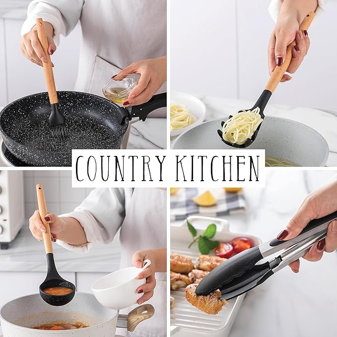 Country Kitchen Non Stick Silicone Utensil Set with Rounded Wood Handles for Cooking and Baking, 38 Piece Set, Black-Ruum Studio Home