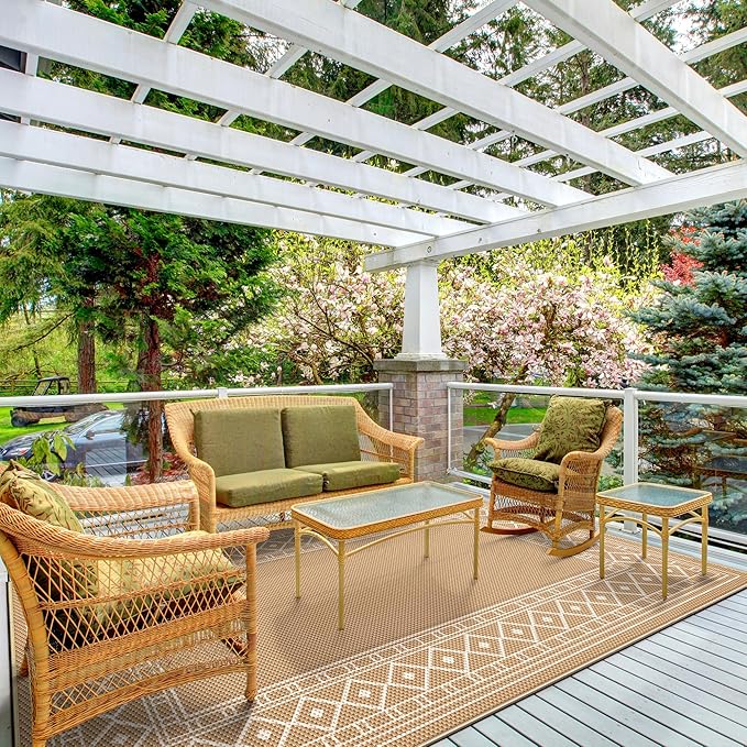 GENIMO Outdoor Rug 5'x8' Waterproof for Patio Decor, Reversible Outdoor Plastic Straw Rug Carpet, Camping Mats for Outdoor, RV, Backyard, Deck, Balcony, Picnic, Brown & Beige-Ruum Studio Home