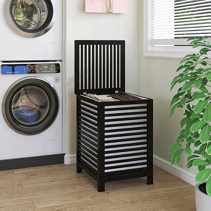 SMIBUY Double Laundry Hamper with Lid, 120L Bamboo Laundry Basket with Removable Liner Bag, 2-Section Clothes Divider Laundry Sorter for Laundry Room, Bathroom, Bedroom (Black)-Ruum Studio Home