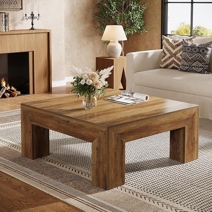 Tribesigns 39.4-Inch Square Coffee Table for Living Room, Farmhouse All MDF Accent Center Cocktail Table with Sturdy Wooden Legs, Easy Assembly, Rustic Brown-Ruum Studio Home