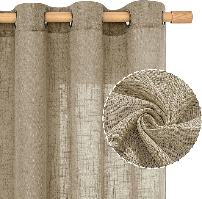 LAMIT Linen Curtains 63 Inch Length 2 Panels for Bedroom, Semi Sheer Drapes Light Filtering Neutral Window Treatments with Bronze Grommet for Living Room Rustic Country Decor, Taupe, 52 X 63 Inch-Ruum Studio Home
