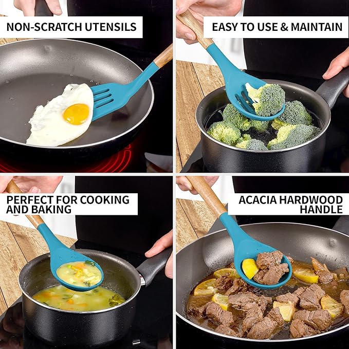Zulay Kitchen Non-Stick Cooking Utensils Set with Authentic Acacia Wood Handles – 5-Piece Durable & Stylish Silicone Kitchen Utensils Set – Heat Resistant to 464°F – Blue-Ruum Studio Home
