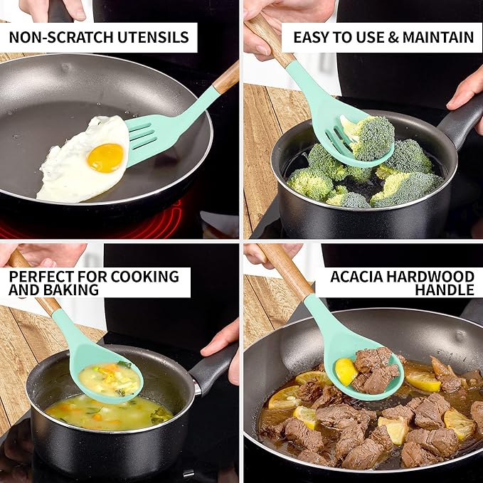 Zulay Kitchen Non-Stick Cooking Utensils Set with Authentic Acacia Wood Handles – 5-Piece Durable & Stylish Silicone Kitchen Utensils Set – Heat Resistant to 464°F – Aqua-Ruum Studio Home