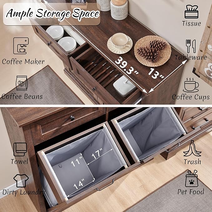 Double Tilt Out Laundry Hamper Cabinet, 20 Gallon Farmhouse Trash Can Cabinet with Drawer, Hidden Wood Garbage Can Bin Cabinet with Laundry Storage Basket for Bathroom, Kitchen, Brown-Ruum Studio Home
