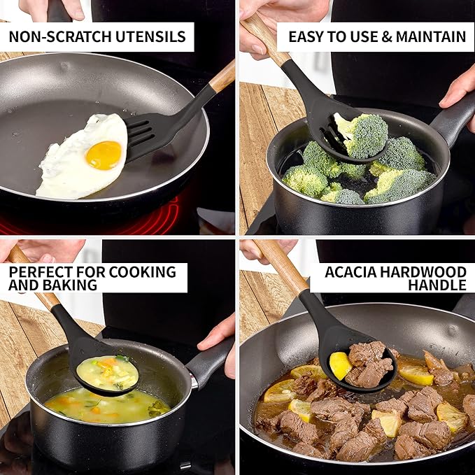 Zulay Kitchen Non-Stick Cooking Utensils Set with Authentic Acacia Wood Handles – 5-Piece Durable & Stylish Silicone Kitchen Utensils Set – Heat Resistant to 464°F – Black-Ruum Studio Home