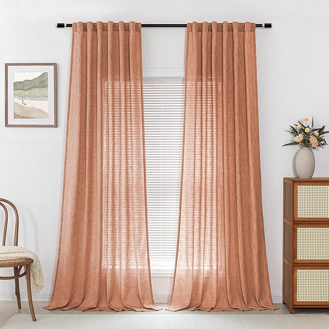 MYSKY HOME Floor Length Burnt Orange Curtains 95 Inch Long Panels, Boho Curtains Farmhouse for Living Room Sliding Glass Door, Rod Pocket Linen Look Texture Light Filtering, 50" x 95", Orange, Pack-2-Ruum Studio Home