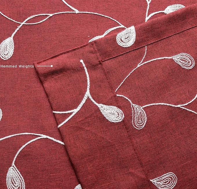 MIUCO Floral Embroidery Semi Sheer Curtain Panels Faux Linen Grommet Curtains for Kids Room 52 x 95 Inch 2 Panels, Burgundy-Ruum Studio Home