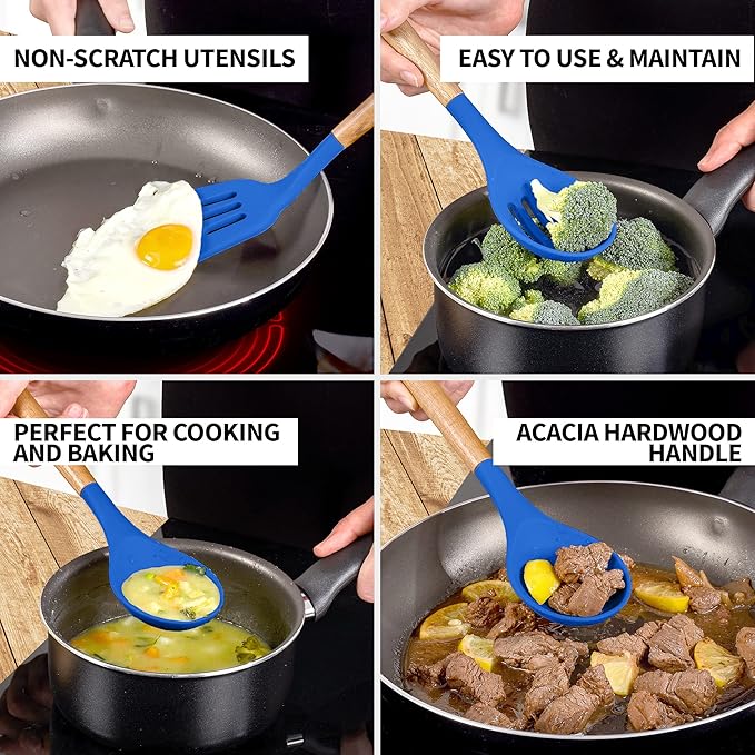 Zulay Kitchen Non-Stick Silicone Cooking Utensils Set with Acacia Wood Handles - 5 Piece Set - Heat Resistant to 464F - Dark Blue-Ruum Studio Home