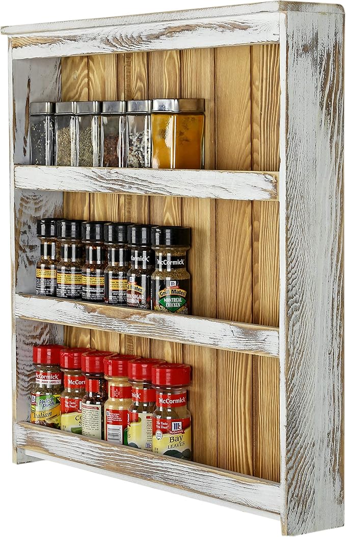MyGift 3 Tier Wall Mounted Spice Rack, Shabby White Washed and Rustic Natural Burnt Solid Wood Kitchen Pantry Storage Shelf for Seasoning Jars or Condiment Bottles-Ruum Studio Home