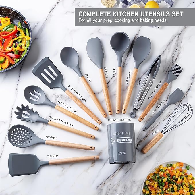 Country Kitchen Non Stick Silicone Utensil Set with Rounded Wood Handles for Cooking and Baking, 14 Piece Set, Gray-Ruum Studio Home