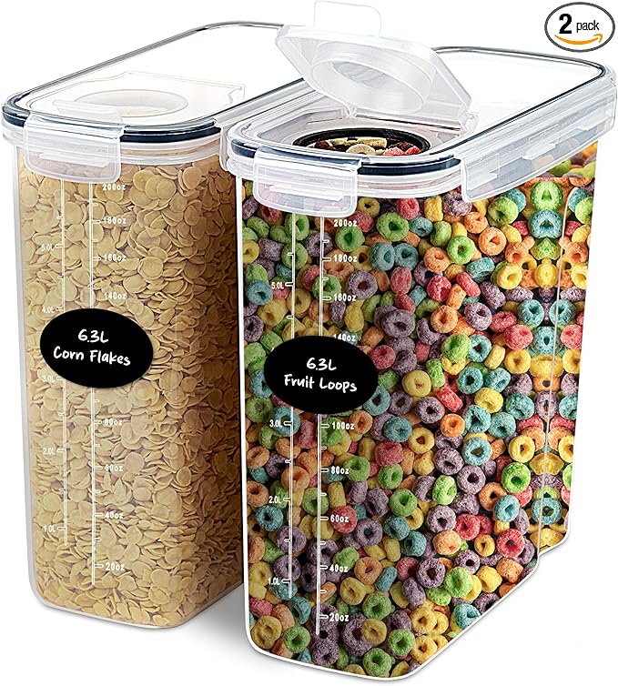 DWËLLZA KITCHEN Extra Large Cereal Containers Storage 6.3L - 213 fl. oz - 2 Pc Family Size Cereal Dispenser Countertop, Bulk Airtight Food Storage Containers for Pantry Organization Labels and Marker-Ruum Studio Home