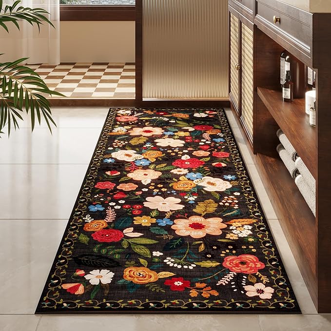 Runner Rug for Hallways Kitchen Rug Non Slip 2'x 6' Washable Runner Rugs with Rubber Backing Soft Floral Carpet Runner for Hallways, Kitchen, Laundry, Bedroom, Bathroom(Black)-Ruum Studio Home