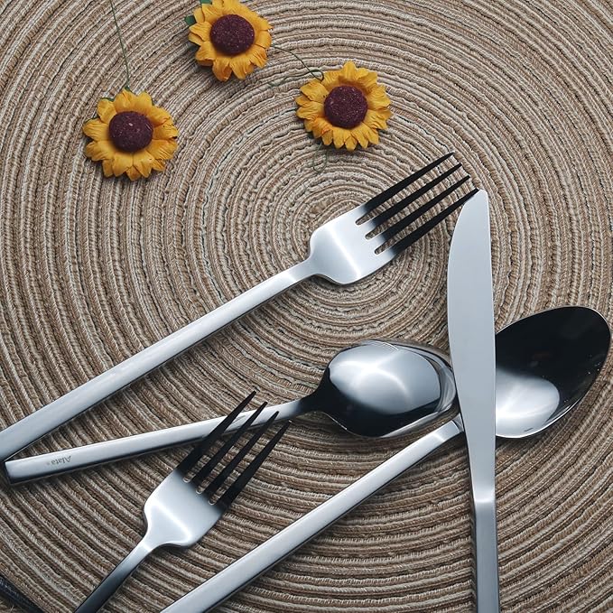 Alata Cube 40-Piece Forged Stainless Steel Flatware Set Cutlery Set, Silverware Set Service for 8, Mirror Finish, Dishwasher Safe-Ruum Studio Home