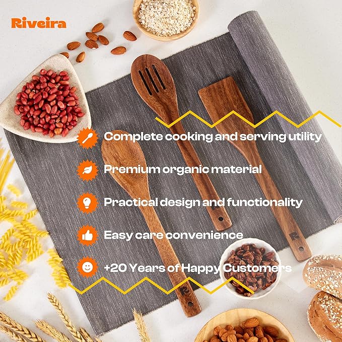 Riveira Walnut Wooden Spoons for Cooking Set of 3 – Natural Walnut Wooden Cooking Utensils, Spatula, Spoon - Premium Quality Utensil Set for Non-Toxic Cooking-Ruum Studio Home
