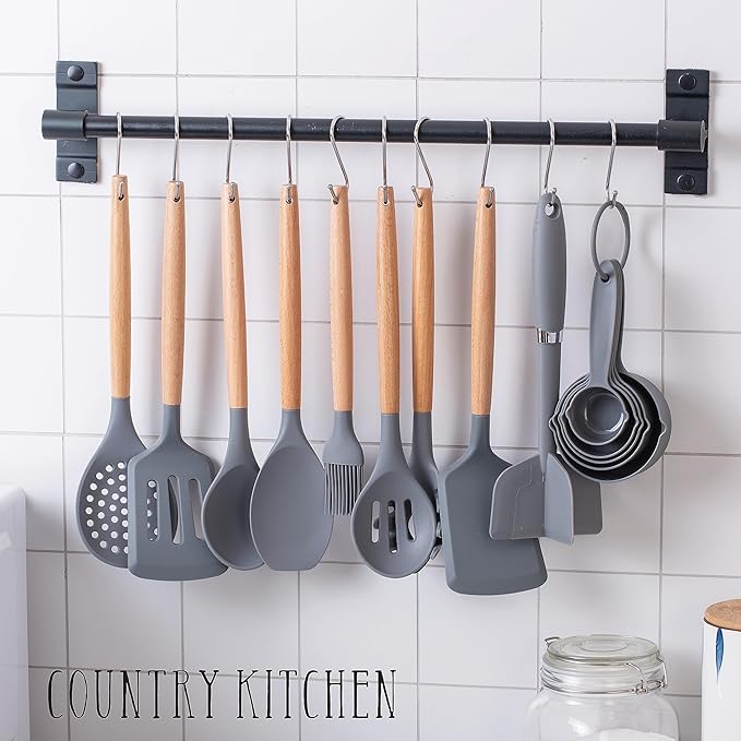 Country Kitchen Non Stick Silicone Utensil Set with Rounded Wood Handles for Cooking and Baking, 38 Piece Set, Gray-Ruum Studio Home