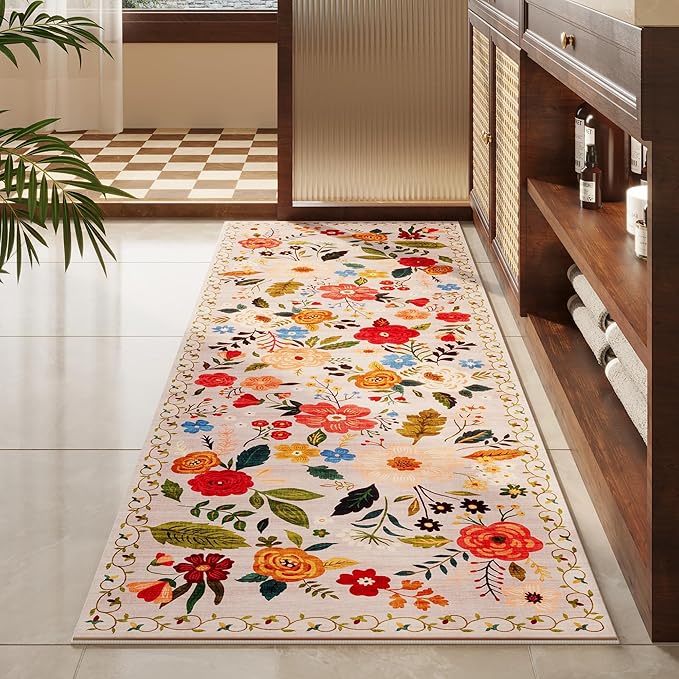 Runner Rug for Hallways Kitchen Rug Non Slip 2'6''x8' Washable Rugs with Rubber Backing Soft Floral Carpet Runner for Hallways, Kitchen, Laundry, Bedroom, Bathroom(Beige)-Ruum Studio Home