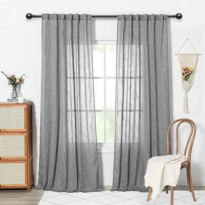MYSKY HOME Long Sheer Curtains Farmhouse, Sliding Door Curtain for Living Room Light Filtering Privacy Protect Soft Cotton Blend Back Tab Window Drapes Boho, 50" x 108", Dark Grey, 2 Panels-Ruum Studio Home