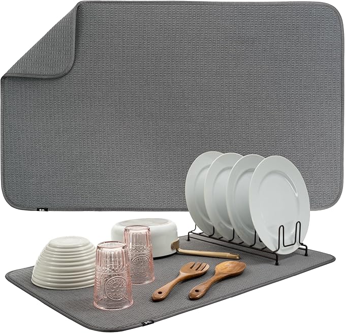 S&T INC. Dish Drying Mat Jumbo, 18” x 30”, Absorbent Microfiber Kitchen Counter Mat, Dish Drying Pad for Dishes, Utensils, Pots and Pans, Jumbo, Charcoal-Ruum Studio Home