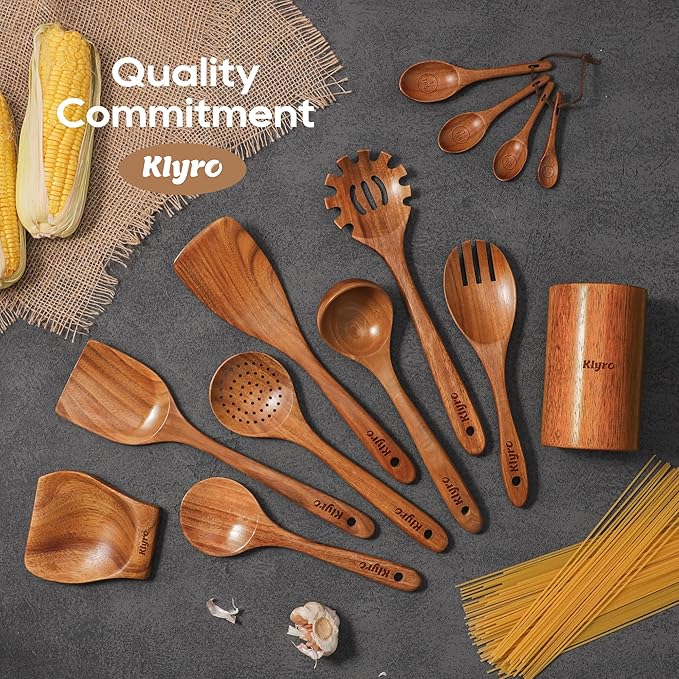 Wooden Spoons for Cooking, Nonstick Kitchen Utensils Set with 4 Piece Measuring Spoons, Comfort Grip Wooden Spatula Set, 9 Piece Teak Wooden Cooking Utensils with Holder and Spoon Rest-Ruum Studio Home