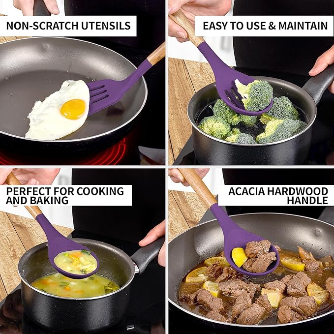 Zulay Kitchen Non-Stick Cooking Utensils Set with Authentic Acacia Wood Handles – 5-Piece Durable & Stylish Silicone Kitchen Utensils Set – Heat Resistant to 464°F – Purple-Ruum Studio Home