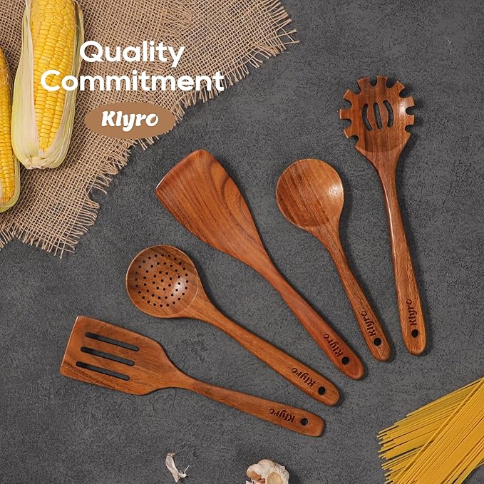 Teak Kitchen Utensils Set, 5 Piece Premium Wooden Cooking Utensils Set, Non-Stick Heat-Resistant Wooden Spoons for Cooking, New Apartment Essentials-Ruum Studio Home