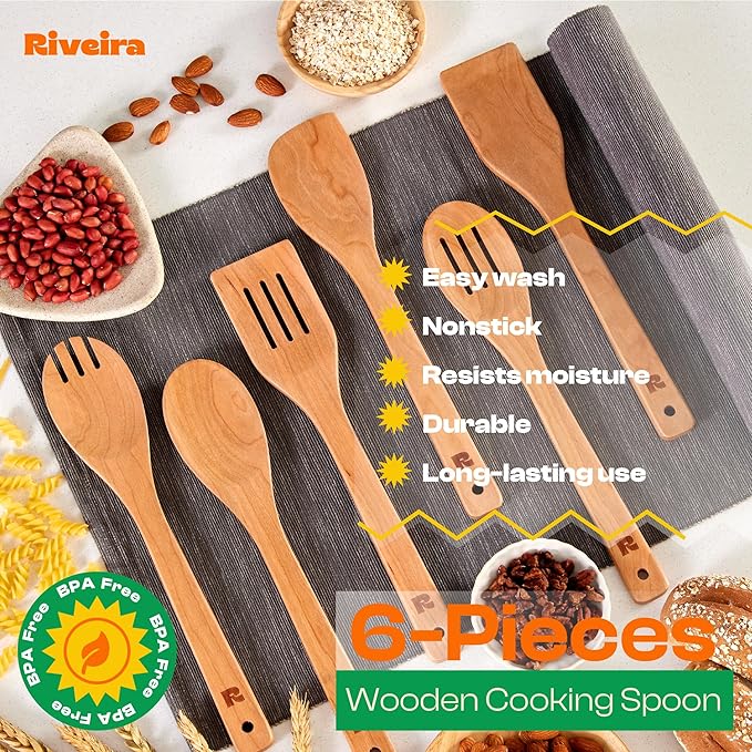 Riveira Cherry Wooden Spoons for Cooking Set of 6 – Natural Cherry Wooden Cooking Utensils, Wooden Spatula, Wooden Spoon - Premium Quality Wooden Utensil Set for Non-Toxic Cooking-Ruum Studio Home