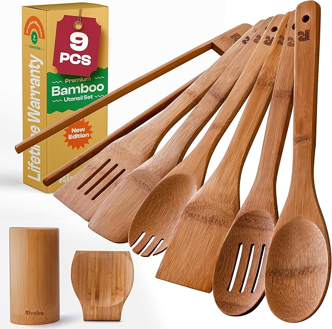Riveira Dark Bamboo Wooden Spoons for Cooking 9-Piece with Holder, Apartment Essentials Wood Spatula Spoon Nonstick Kitchen Utensil Set Premium Quality Housewarming Gifts for Everyday Use-Ruum Studio Home