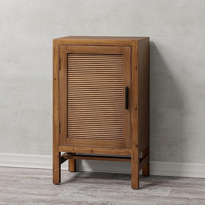 1 Door Farmhouse Nightstand, Rustic Slat Door Cabinet with 2 Shelves, Accent End Table with Storage for Bedroom, Brown-Ruum Studio Home