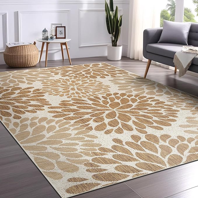 Beverly Rug Outdoor Rug 10x14 Modern Exotic Tropical Leaf Area Rugs for Indoor and Outdoor Patio Deck Porch Garden Water Resistant Washable Outside Carpet (10 x 14 Beige)-Ruum Studio Home