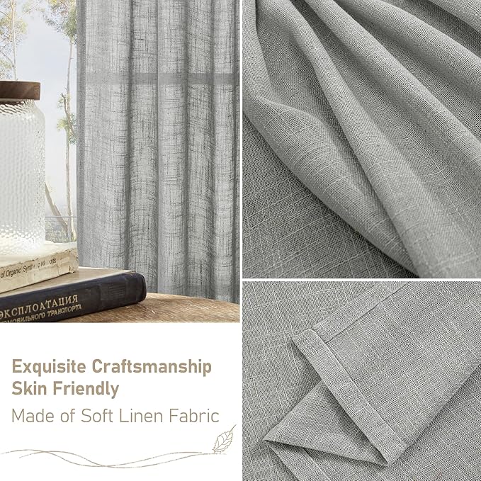 LAMIT Grey Linen Curtains 95 inch for Living Room, Semi Sheer Light Filtering Boho Window Textured Burlap Drapes with Bronze Grommet for Bedroom Farmhouse, 2 Panels Set, 52 x 95 Inch-Ruum Studio Home