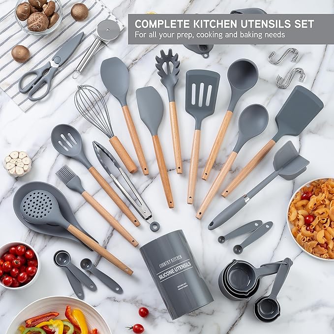 Country Kitchen Non Stick Silicone Utensil Set with Rounded Wood Handles for Cooking and Baking, 38 Piece Set, Gray-Ruum Studio Home