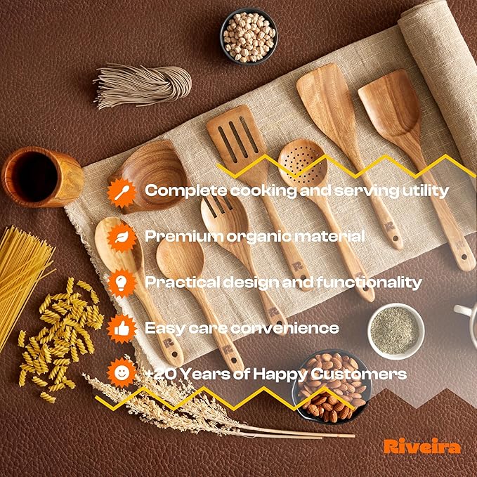 Riveira 9 Pieces Teak Wooden Spoons For Cooking – Premium & Durable Organic Teak Wooden Cooking Utensils – Non Stick Wooden Spatula For Cooking – Non Toxic Utensil Set With Holder & Spoon Rest-Ruum Studio Home