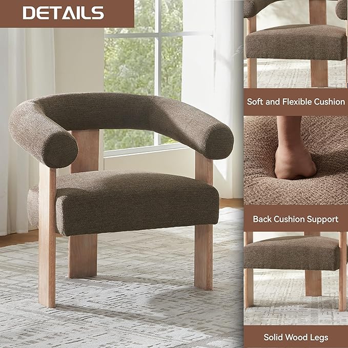 VKNOW Accent Chair Living Room Chair, Modern Upholstered Armchair with Solid Wood Legs, Comfy Barrel Arm Chairs for Living Room Bedroom, Brown-Ruum Studio Home